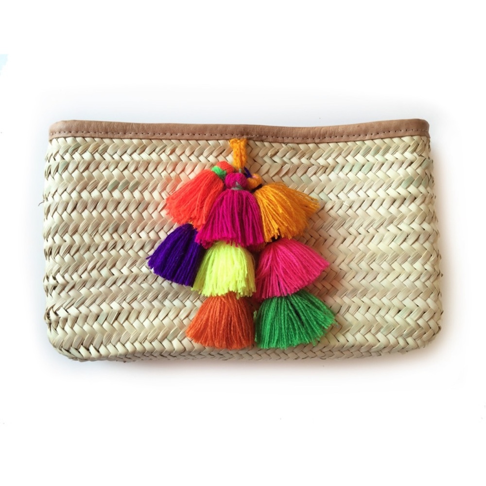 Straw Clutch Bags French Baskets PomPom Bell Rainbow